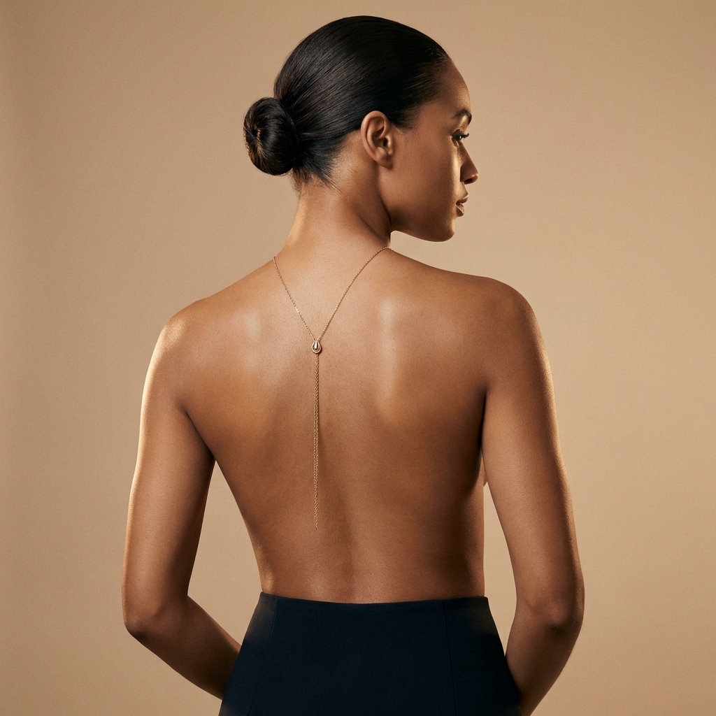 Model wearing a lariat necklace, photographed from behind