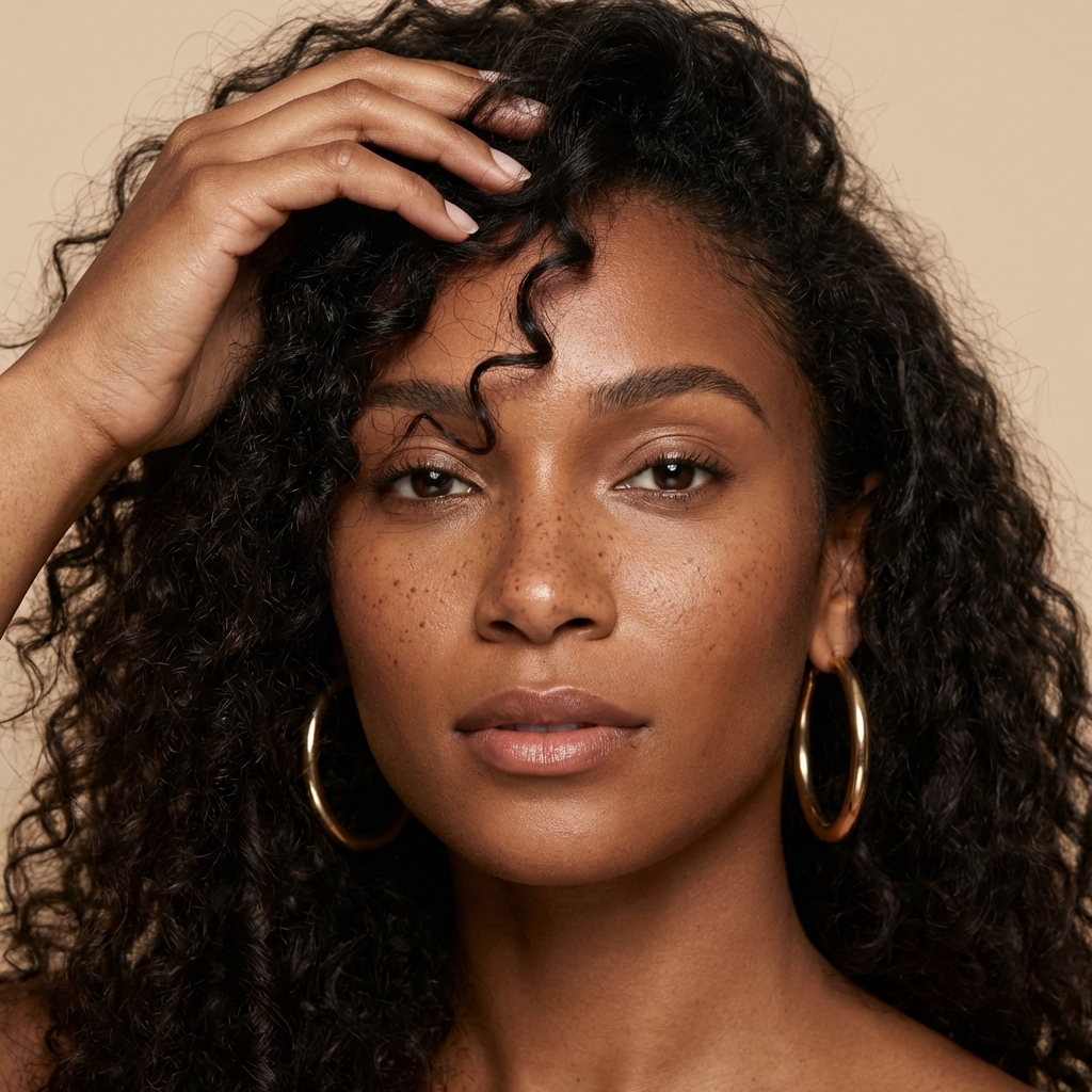 Close-up portrait of a model wearing gold earrings from Juri Jewelry